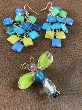 Hand Crafted Blue, Green & Yellow Glass Bead Earrings with Dragonfly Brooch